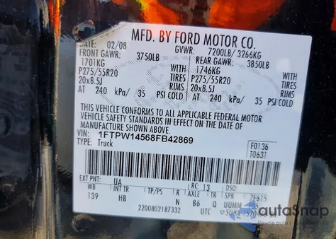 2008 Ford F150 Supercrew из США, поврежденный, VIN 1FTPW14568FB42869